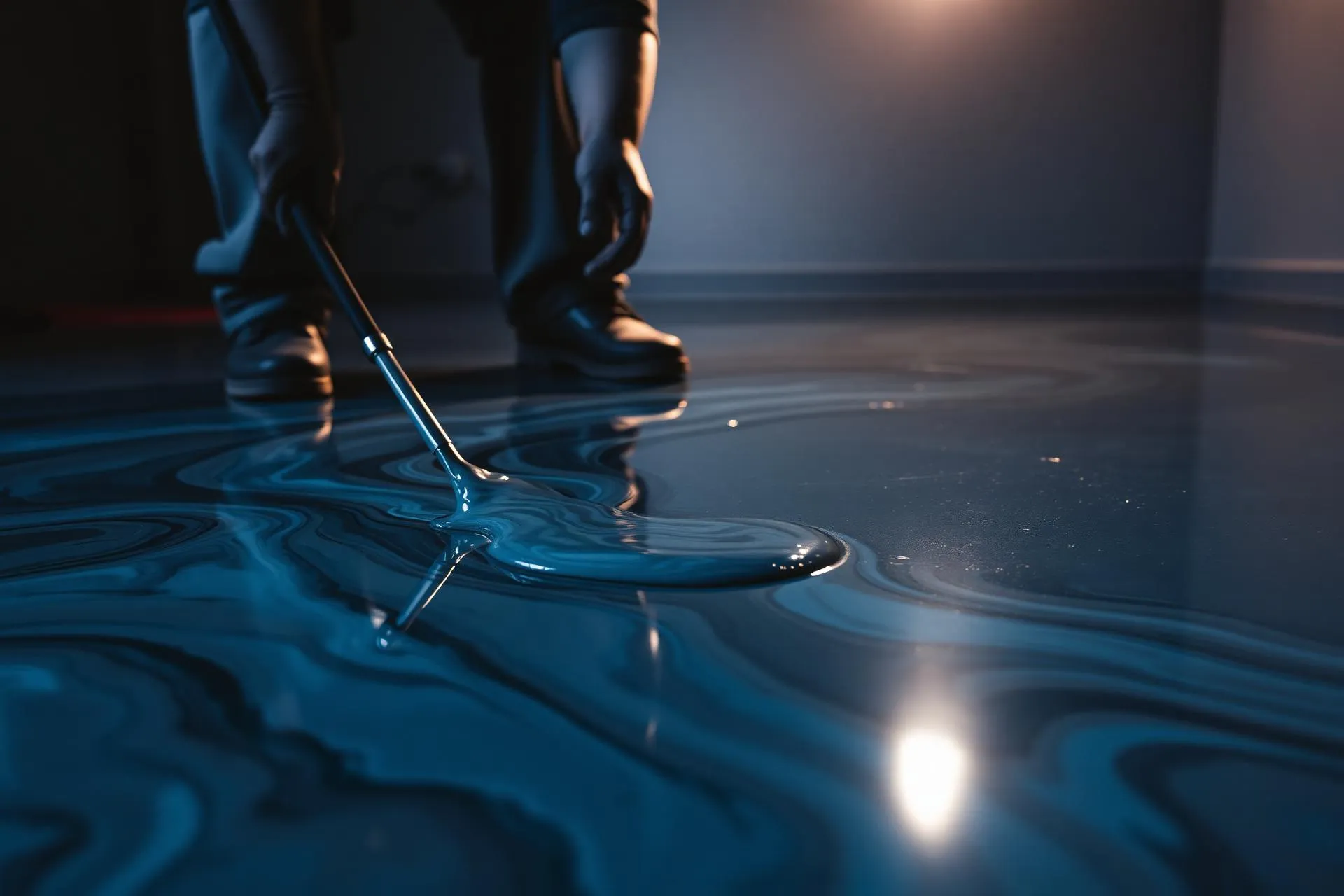 Professional installer applying metallic epoxy floor coating